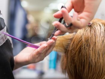 Female hair cutting scissors in beauty salon