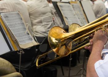 musician plays the trumpet in the orchestra