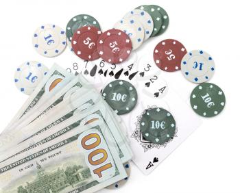 casino chips and cards and one hundred dollars on a white background