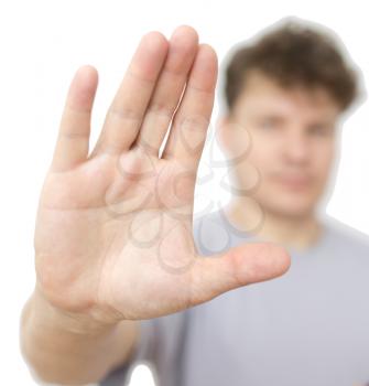 man shows his hand on a white background