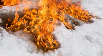 fiery flame on the white snow in winter