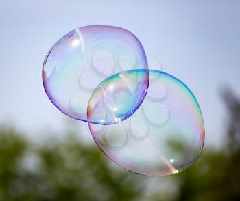 Beautiful soap bubbles fly in the nature .