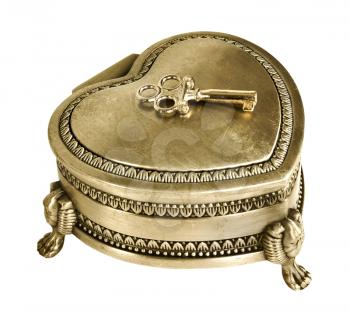 Close gold jewelry box with a decorative key