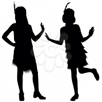 Silhouettes of two girls with retro costumes from cabaret