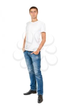 smiley guy in white t-shirt and jeans. isolated on white background