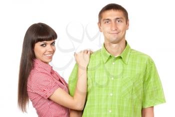 Funny couple in colored clothes isolated on white background