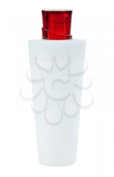Cosmetic bottle with red cap on a white background
