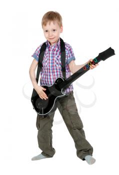The boy with the electronic guitar isolated on white background