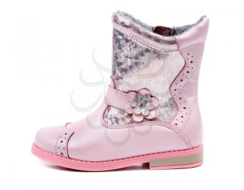 One children's pink leather boots. Isolate on white.