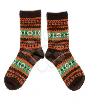 pair of wool socks with a pattern. Isolate on white.