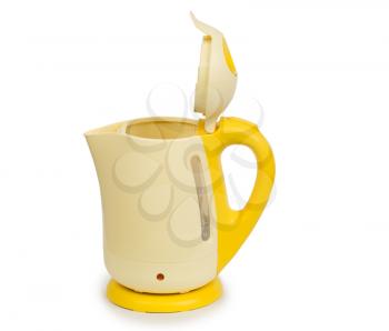Open electric yellow tea kettle isolated on white background