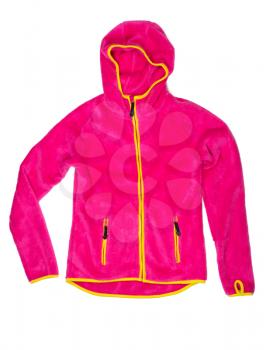 Bright red sports jacket with a hood and yellow accents. Isolate on white.