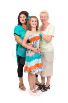 Full-length portrait of a grandmother, mother and 11-year-old daughter. Studio, isolate on white.