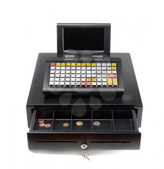 A modern cash register on a white background. Drawer is open.