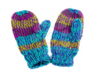 Pair of colored knitted mittens. Isolate on white.