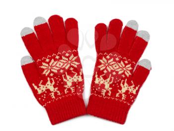 Red knitted gloves with pattern with snowflakes and reindeer. With inserts for the exact screen display. Isolate on white.