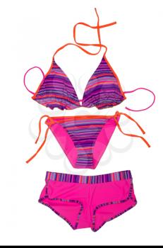 Bright fashionable swimsuit. Bra, panties and shorts. Isolate on white.