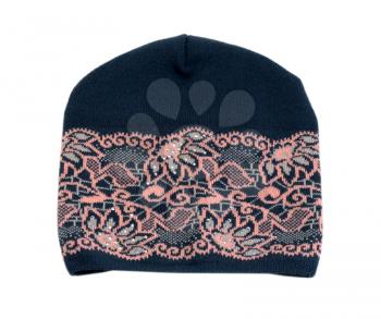 Dark knitted hat with a pink pattern. Isolate on white.