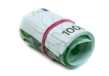 One hundred euro banknotes roll with rubber isolated on white background