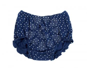 Blue children's pants with white polka dots, isolate on a white background, studio