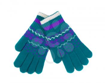 Green and blue dotted pattern with winter gloves, pair. Isolate on white.
