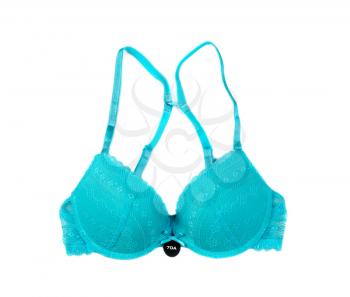 Blue bra with size tag 70A. Isolate on white.