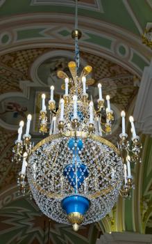Crystal chandelier in the temple. St. Petersburg. Russia.