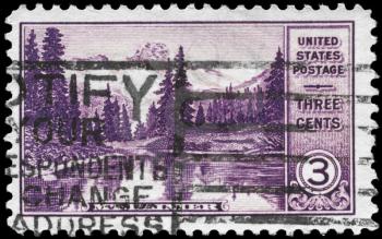 Royalty Free Photo of a 1934 US Stamp of Mount Rainier and Mirror Lake (Washington), National Parks Issue