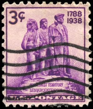 Royalty Free Photo of a 1938 US Stamp of the Statue Symbolizing Colonization of the West, Sesquicentennial of the Settlement of the Northwest Territory