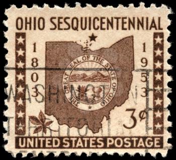 Royalty Free Photo of 1953 US Stamp Shows the Map and Ohio State Seal