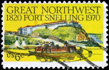 Royalty Free Photo of 1970 US Stamp Shows the Fort Snelling, Keelboat and Tepees, 150th Anniversary