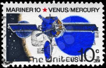 Royalty Free Photo of 1975 US Stamp Shows the Mariner 10, Venus & Mercury, Space