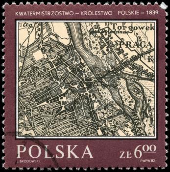POLAND - CIRCA 1982: A Stamp printed in POLAND shows the Map of Warsaw (Polish Kingdom Quartermaster, 1839), from the series Maps, circa 1982