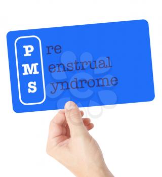 Pre Menstrual Syndrome explained on a card held by a hand