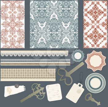 Royalty Free Clipart Image of a Scrapbooking Background of Keys and Tags