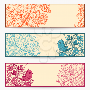 Royalty Free Clipart Image of a Banners with Flowers, Birds and Butterflies