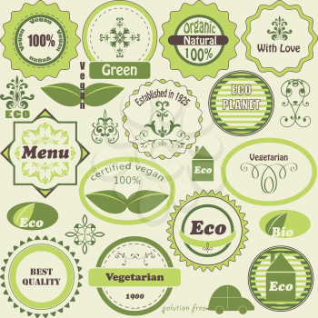 Vector set of eco  labels and vegetarian  design elements, fully editable eps8  file