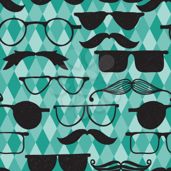 Royalty Free Clipart Image of a Diamond Background With Moustaches and Glasses