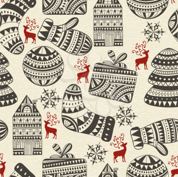vector holiday  winter pattern with houses, socks, mittens, snowflakes, deers, and fir trees, seamless pattern in swatch menu