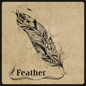 Vector highly detailed hand drawn tattoo feather on rorgh paper texture, place for your text, AI standart font Birch std