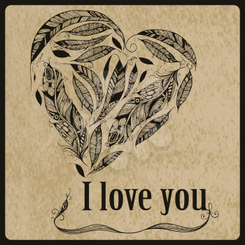 Vector Heart made of  Feathers with I love you standart AI font Birch std,  Native American Indian Style