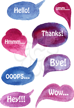 Vector Watercolor Speach Bubbles Set with Short Phrases on Separate Layer