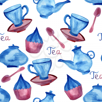 Vector Watercolor Seamless Tea Time Pattern, fully editable eps 10 file with clipping mask, seamless pattern in swatch menu, you can use elements separately