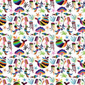 Vector Otomi Style Seamless Pattern with Marine Life