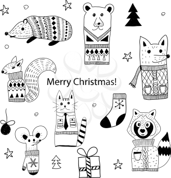 Vector Christmas  Doodle Animals: hedgehog, bear, squirrel, cat, fox, raccoon, and mouse