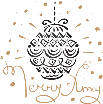 Vector Christmas Greeting Card. Fir tree ball and merry christmas greetings. Hand drawn doodle style
