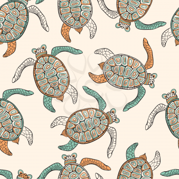Vector Seamless Ethnic Pattern with Turtles . Retro vintage style.