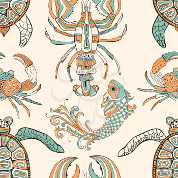 Vector seamless pattern with turtles, crabs, lobsters, and fishes.   Retro vintage style.