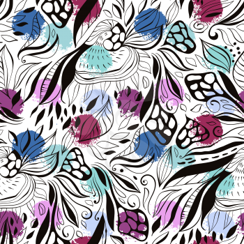 Vector seamless floral pattern with bright grungy blots at the background