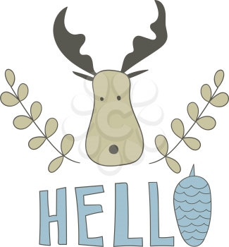 Vector Greeting Card with Cartoon Moose and Hello. Scandinavian style. T-shirt design